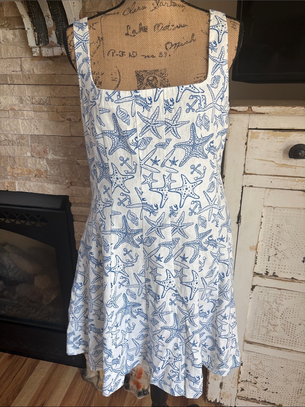 Avec Les Filles linen blend fit and flare mini dress coastal starfish blue white - Picture 6 of 16
